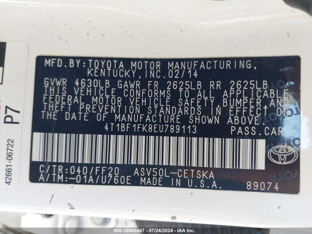 4T1BF1FK8EU789113 Toyota Camry L/le/se/se Sport/xle