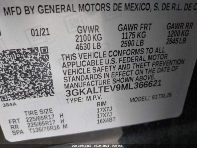 3GKALTEV9ML366621 GMC Terrain Awd Sle