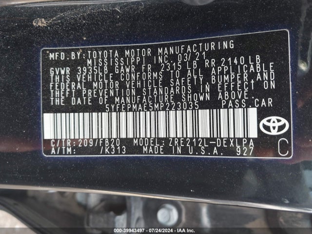 Toyota COROLLA LE 2021 5YFEPMAE5MP223035 Image 9
