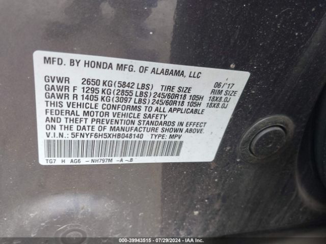 5FNYF6H5XHB048140 Honda Pilot Ex-l