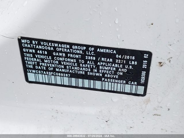 1VWCS7A33FC089267 Volkswagen Passat 1.8t Sel Premium
