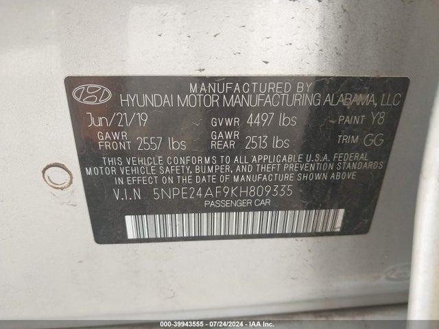 Hyundai SONATA SE 2019 5NPE24AF9KH809335 Image 9
