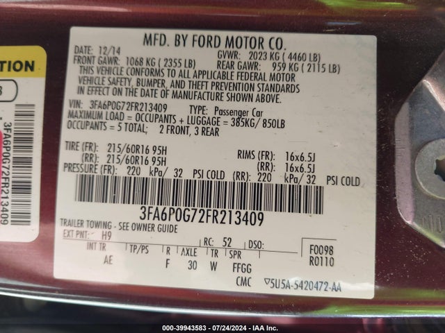 Ford FUSION S 2015 3FA6P0G72FR213409 Image 9