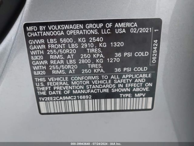 1V2EE2CA9MC216892 Volkswagen Atlas Cross Sport 3.6l V6 Sel