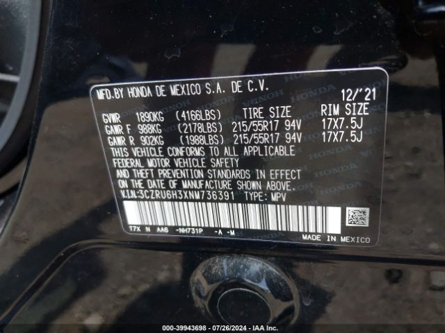 3CZRU6H3XNM736391 Honda Hr-v Awd Lx
