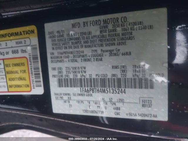 Ford Mustang Ecoboost Fastback 2021 1FA6P8TH4M5135244 Image 9