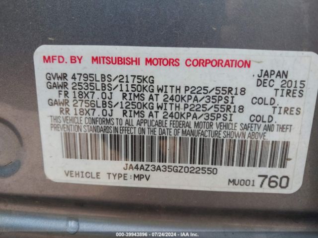 JA4AZ3A35GZ022550 Mitsubishi Outlander Se