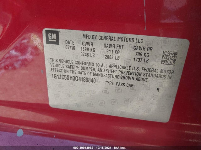 Chevrolet Sonic Lt Auto 2016 1G1JC5SH3G4183840 Image 9
