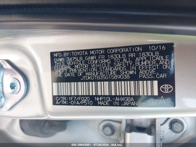 Toyota Prius C Three 2016 JTDKDTB35G1589038 Image 9