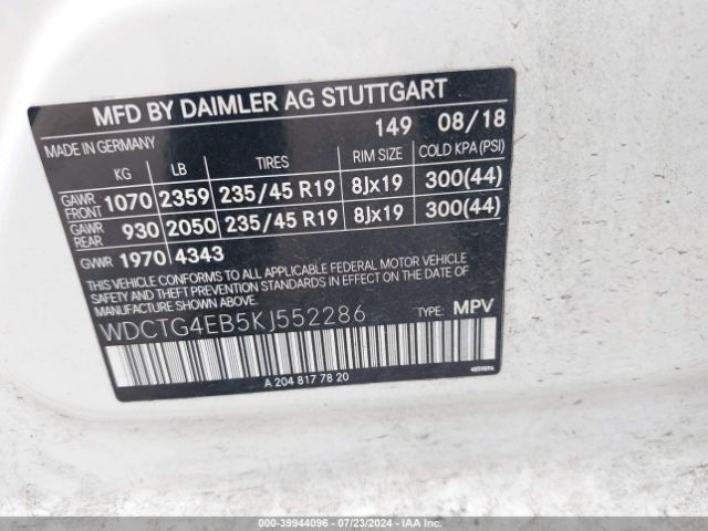 WDCTG4EB5KJ552286 Mercedes-Benz GLA 250