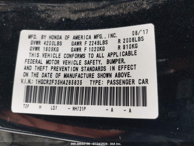 Honda ACCORD LX 2017 1HGCR2F35HA285835 Image 9
