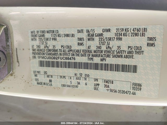 Ford ESCAPE SE 2015 1FMCU0G92FUC88476 Image 9