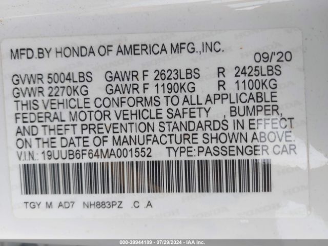 19UUB6F64MA001552 Acura Tlx Advance Package