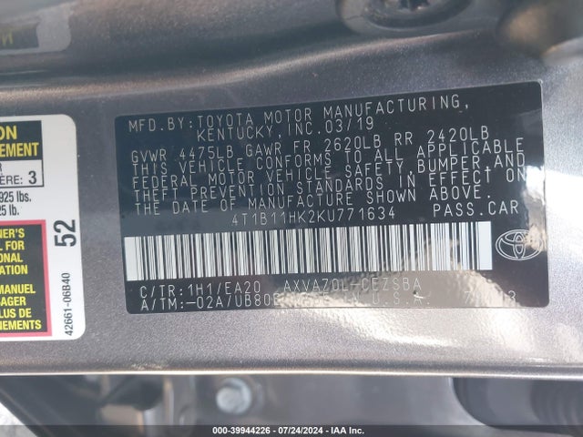 Toyota CAMRY SE 2019 4T1B11HK2KU771634 Image 9