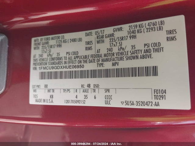 Ford ESCAPE SE 2017 1FMCU9GDXHUE06950 Image 9
