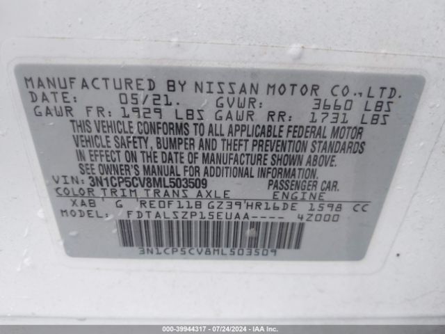 3N1CP5CV8ML503509 Nissan Kicks Sv Xtronic Cvt