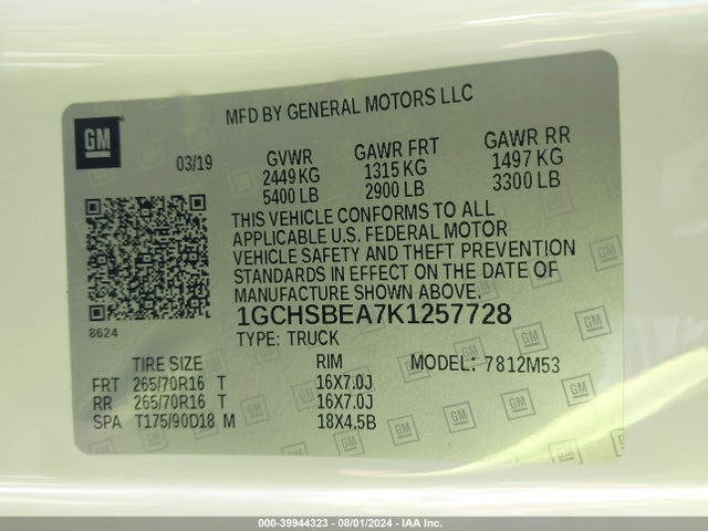 1GCHSBEA7K1257728 Chevrolet Colorado Wt