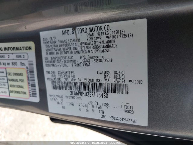 Ford FUSION SE 2014 3FA6P0HD3ER115430 Image 9