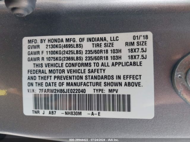 7FARW2H86JE022040 Honda Cr-v Ex-l/ex-l Navi