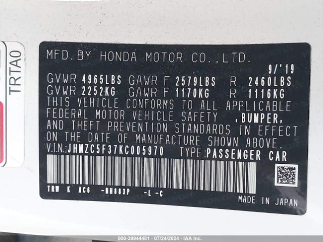 JHMZC5F37KC005970 Honda Clarity Plug-in Hybrid Touring