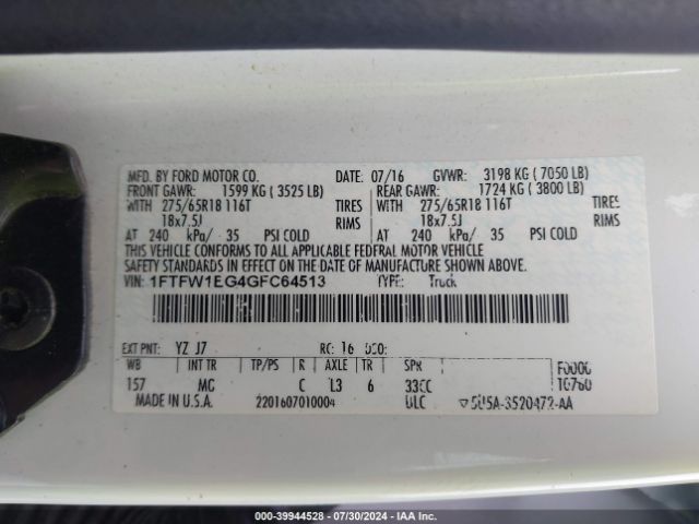 1FTFW1EG4GFC64513 Ford F-150 Xlt