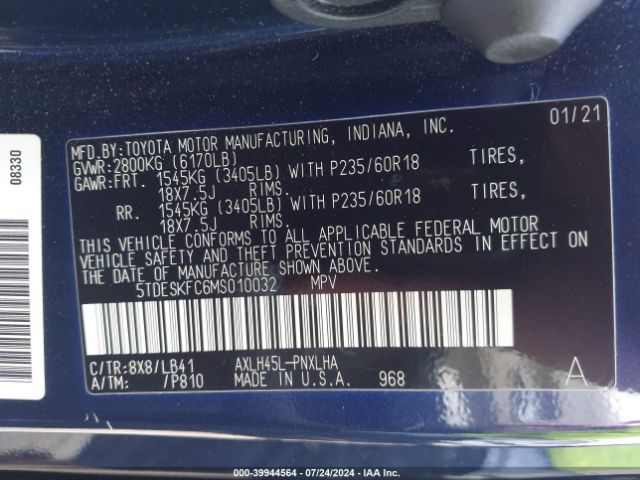 5TDESKFC6MS010032 Toyota Sienna Platinum