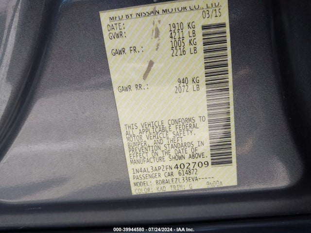 Nissan Altima 2.5 S 2015 1N4AL3AP2FN402709 Image 9