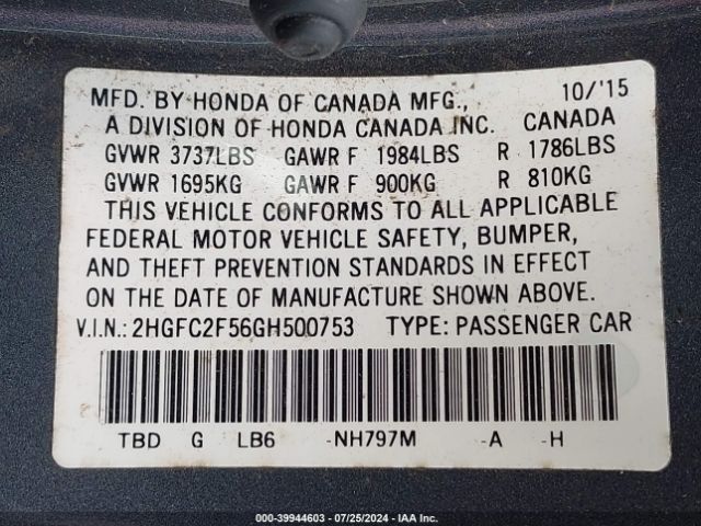 2HGFC2F56GH500753 Honda Civic Lx