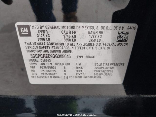 3GCPCREC9GG305645 Chevrolet Silverado 1500 1lt