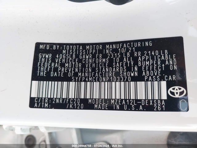 Toyota COROLLA SE 2022 5YFP4MCE0NP103370 Image 9