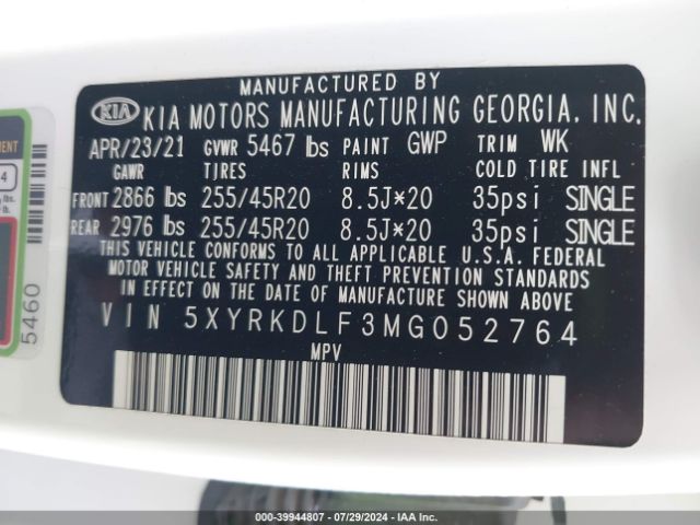 5XYRKDLF3MG052764 KIA SORENTO SX