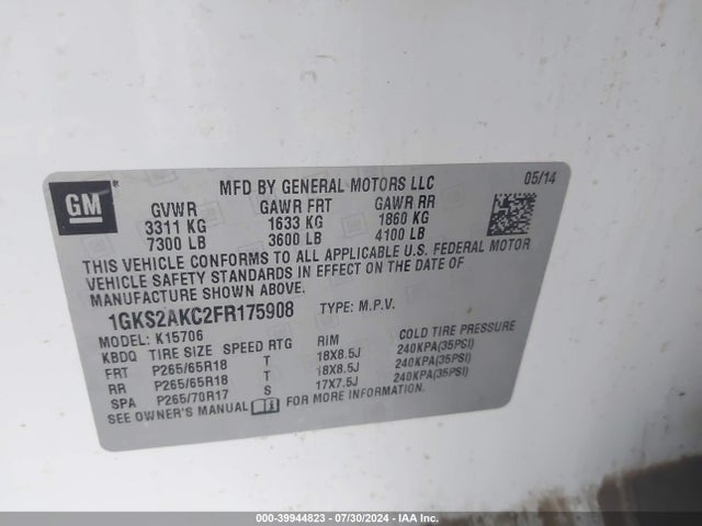 1GKS2AKC2FR175908 GMC YUKON SLE