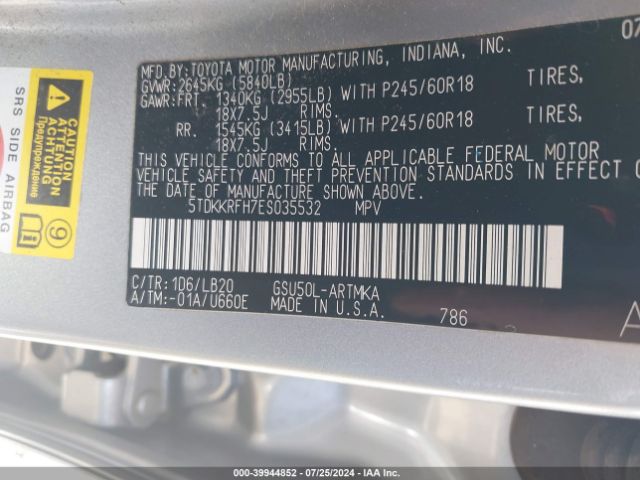 5TDKKRFH7ES035532 Toyota Highlander Xle V6