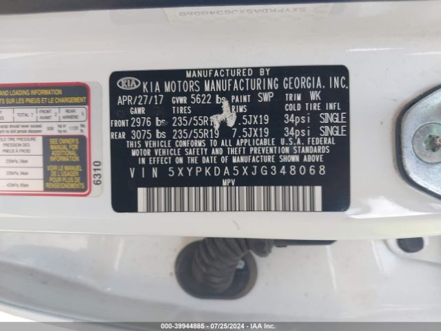 5XYPKDA5XJG348068 KIA Sorento 3.3l Sxl