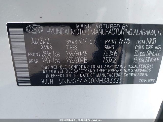 5NMS64AJ0NH383323 Hyundai Santa Fe Xrt