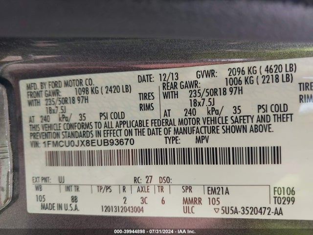 Ford Escape Titanium 2014 1FMCU0JX8EUB93670 Image 9