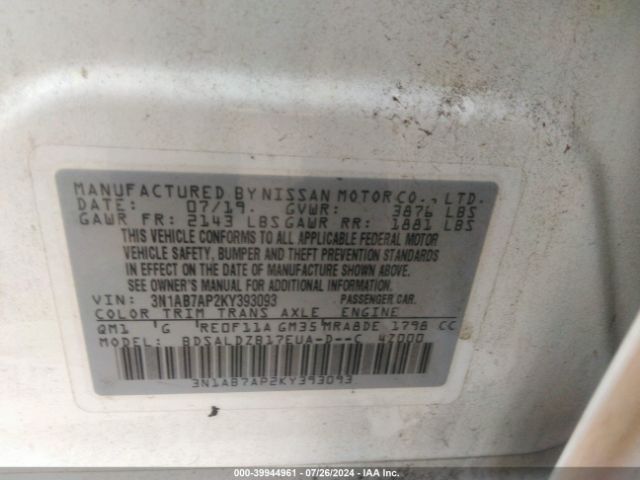 3N1AB7AP2KY393093 Nissan SENTRA SV