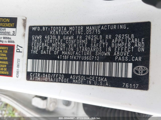 Toyota CAMRY SE 2015 4T1BF1FK7FU960712 Image 9