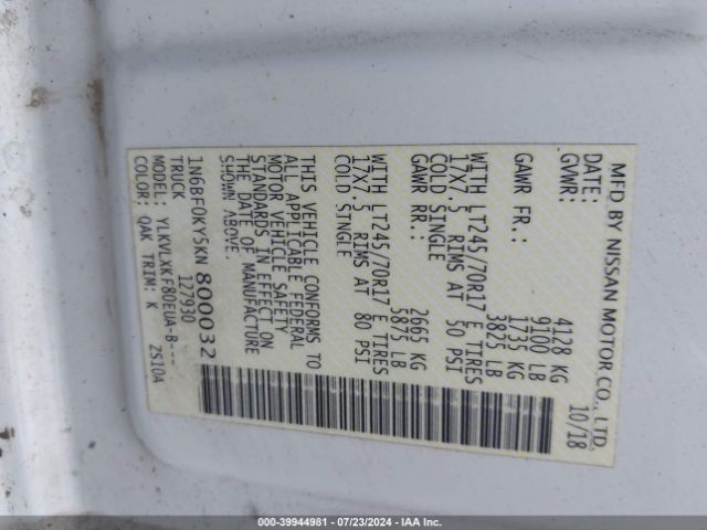 1N6BF0KY5KN800032 Nissan Nv Cargo Nv2500 Hd Sv V6