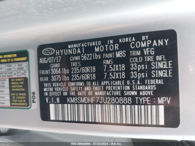 KM8SMDHF7JU280888 Hyundai Santa Fe Se