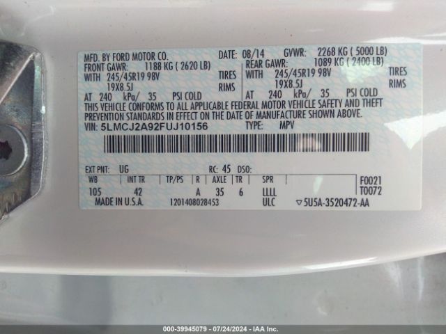 5LMCJ2A92FUJ10156 Lincoln MKC