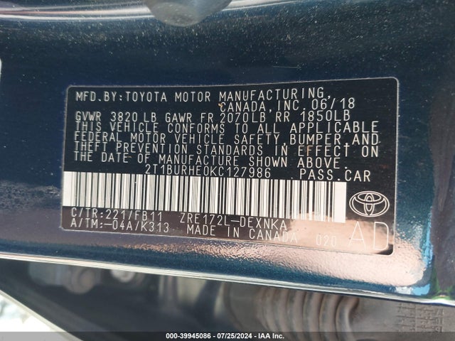 Toyota COROLLA LE 2019 2T1BURHE0KC127986 Image 9