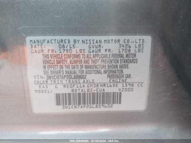 3N1CN7AP2GL809602 Nissan Versa 1.6 S/1.6 S+/1.6 Sl/1.6 Sv