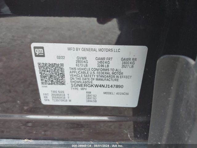 1GNERGKW4NJ147890 Chevrolet Traverse Fwd Lt Cloth