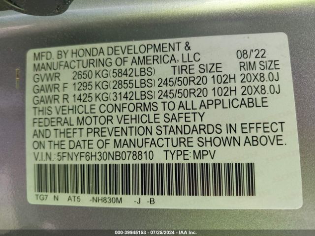 5FNYF6H30NB078810 Honda Pilot Awd Sport