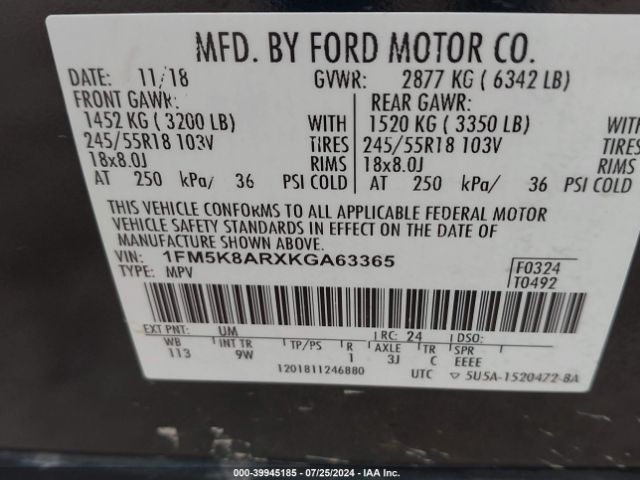 1FM5K8ARXKGA63365 Ford Police Interceptor Utility