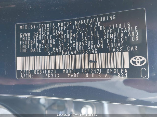 Toyota COROLLA LE 2021 5YFEPMAE6MP188196 Image 9
