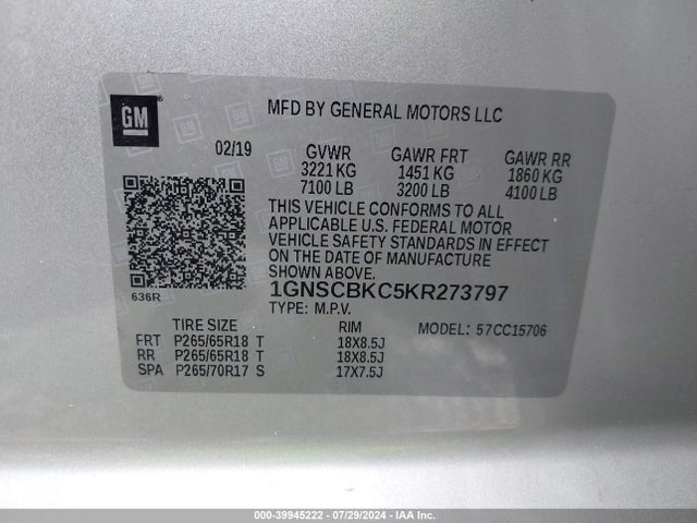 Chevrolet Tahoe Lt 2019 1GNSCBKC5KR273797 Image 9