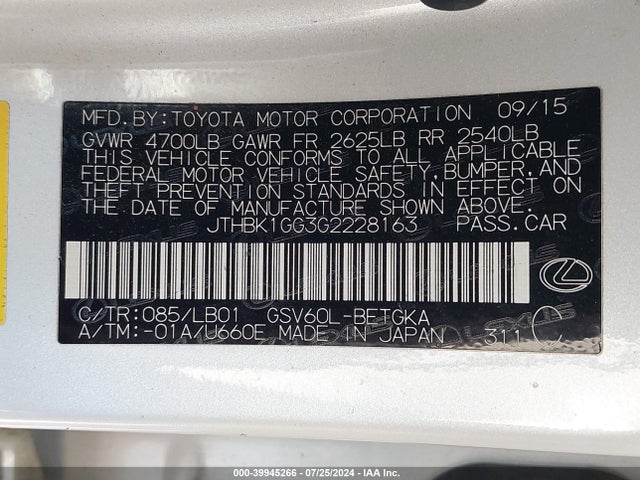 Lexus ES 350 2016 JTHBK1GG3G2228163 Image 9