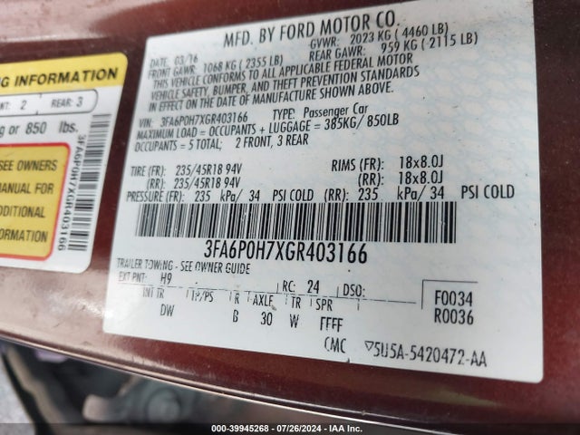 Ford FUSION SE 2016 3FA6P0H7XGR403166 Image 9